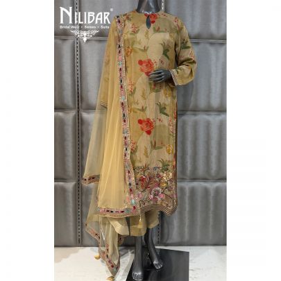 Beige Lame Silk Shirt Paired With Pants & Soft Net Dupatta