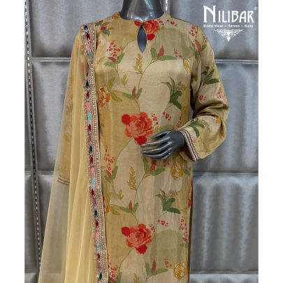 Beige Lame Silk Shirt Paired With Pants & Soft Net Dupatta