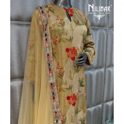 Beige Lame Silk Shirt Paired With Pants & Soft Net Dupatta