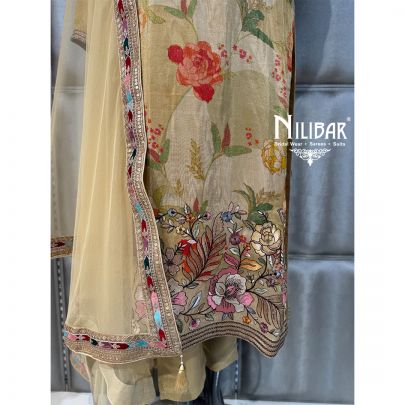 Beige Lame Silk Shirt Paired With Pants & Soft Net Dupatta