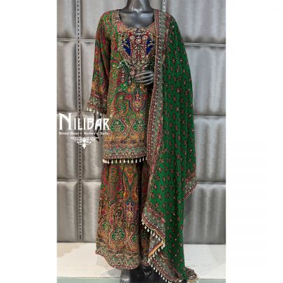 Green Crepe Printed Suit Paired With Shirt, Palazzo & Dupatta