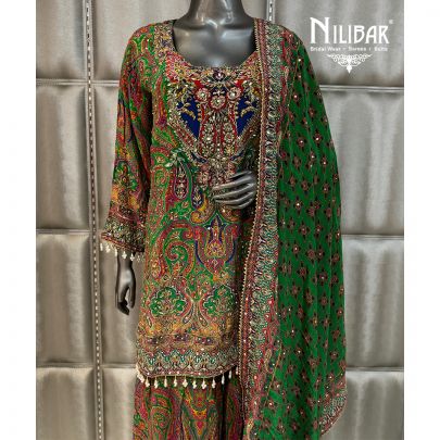 Green Crepe Printed Suit Paired With Shirt, Palazzo & Dupatta