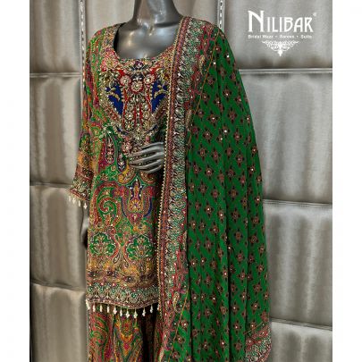 Green Crepe Printed Suit Paired With Shirt, Palazzo & Dupatta