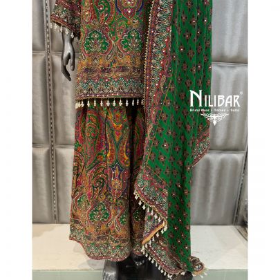 Green Crepe Printed Suit Paired With Shirt, Palazzo & Dupatta
