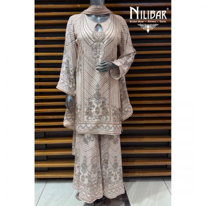 Cream Crepe Mid Length Shirt Paired With Palazzo & Dupatta