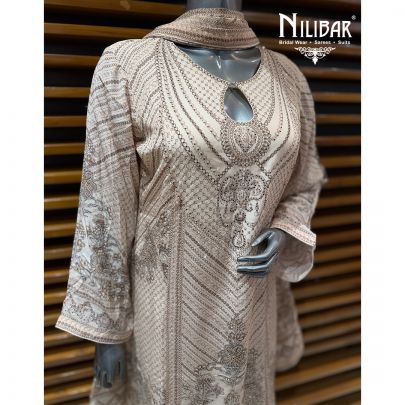 Cream Crepe Mid Length Shirt Paired With Palazzo & Dupatta