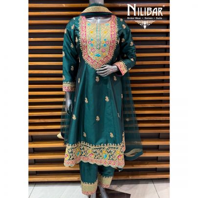 Bottle Green Silk Anarkali Shirt Paired With Straight Salwar & Net Dupatta