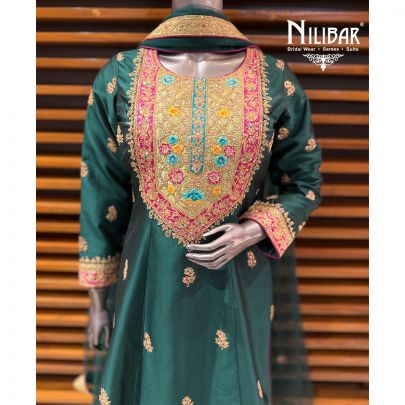 Bottle Green Silk Anarkali Shirt Paired With Straight Salwar & Net Dupatta