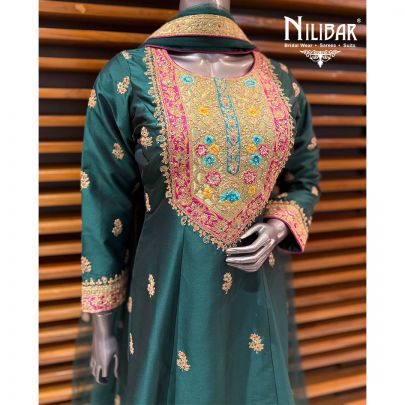 Bottle Green Silk Anarkali Shirt Paired With Straight Salwar & Net Dupatta