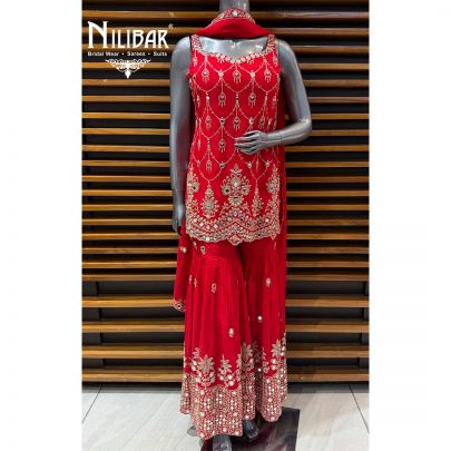 Red Georgette Short Shirt Paired With Sharara & Dupatta