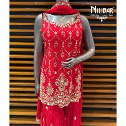 Red Georgette Short Shirt Paired With Sharara & Dupatta