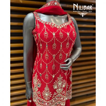 Red Georgette Short Shirt Paired With Sharara & Dupatta
