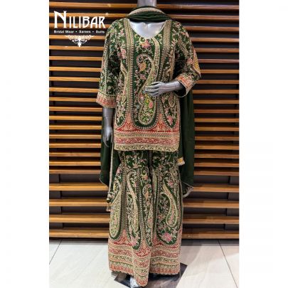 Mehendi Green Crepe Short Shirt Paired With Sharara & Dupatta