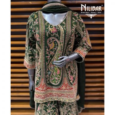 Mehendi Green Crepe Short Shirt Paired With Sharara & Dupatta