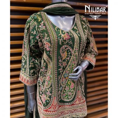 Mehendi Green Crepe Short Shirt Paired With Sharara & Dupatta