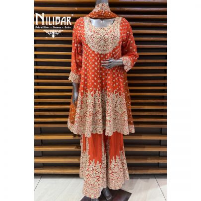 Orange Georgette A-line Shirt Paired With Loose Palazzo & Net Dupatta