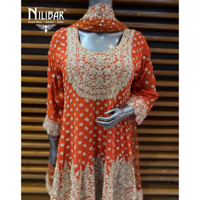 Orange Georgette A-line Shirt Paired With Loose Palazzo & Net Dupatta
