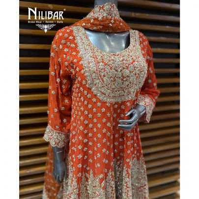 Orange Georgette A-line Shirt Paired With Loose Palazzo & Net Dupatta