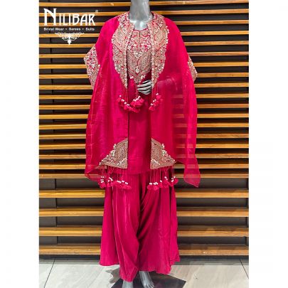 Rose Pink Silk Top With Satin Bottom & Organza Cape Indo-Western Set