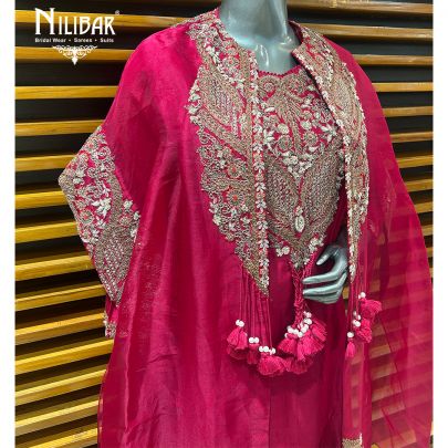 Rose Pink Silk Top With Satin Bottom & Organza Cape Indo-Western Set