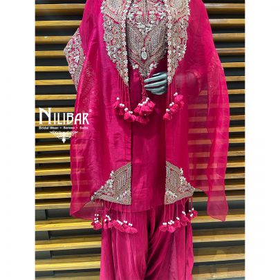 Rose Pink Silk Top With Satin Bottom & Organza Cape Indo-Western Set