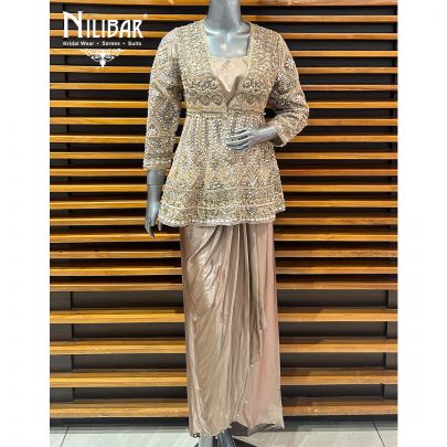 Mouse Silk Top With Bottom Paired With Net Jacket Indo-Western Set