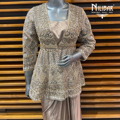 Mouse Silk Top With Bottom Paired With Net Jacket Indo-Western Set