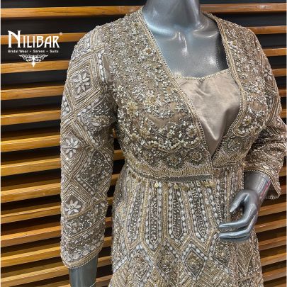 Mouse Silk Top With Bottom Paired With Net Jacket Indo-Western Set