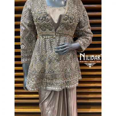 Mouse Silk Top With Bottom Paired With Net Jacket Indo-Western Set