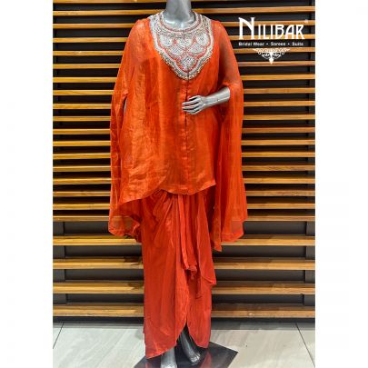 Rust Satin Top With Bottom Paired With Organza Cape Indo-Western Set