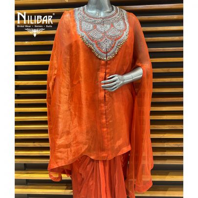 Rust Satin Top With Bottom Paired With Organza Cape Indo-Western Set
