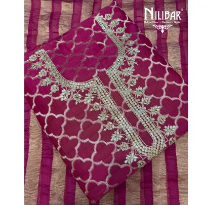 Hot Pink Maheswari Banarasi Shirt Paired With Cotton Bottom & Organza Dupatta