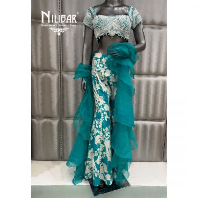 Teal Blue & White Silk Organza Crop Top with A-Line Pant