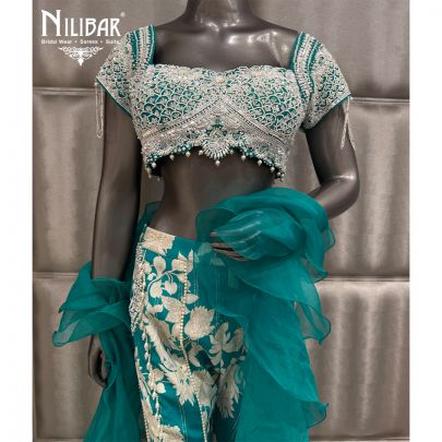 Teal Blue & White Silk Organza Crop Top with A-Line Pant