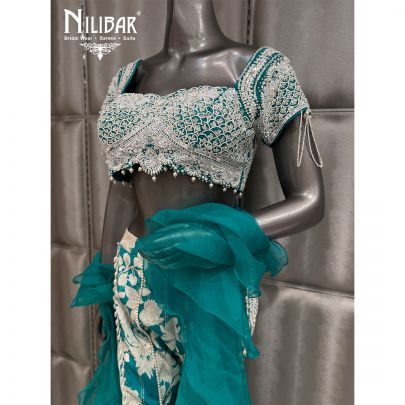 Teal Blue & White Silk Organza Crop Top with A-Line Pant