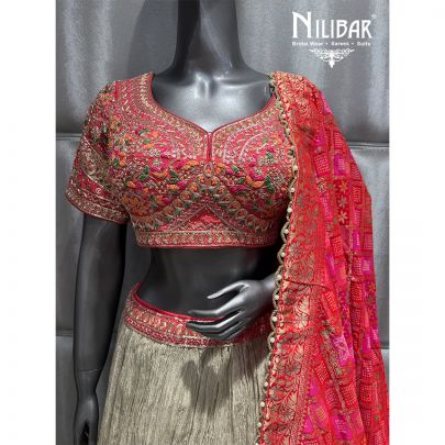 Pink-Silver Silk Embroidered Lehenga
