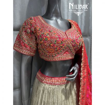 Pink-Silver Silk Embroidered Lehenga