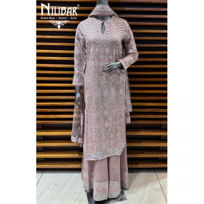 Baby Pink Georgette Long Shirt Paired With Palazzo & Dupatta