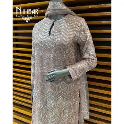 Baby Pink Georgette Long Shirt Paired With Palazzo & Dupatta