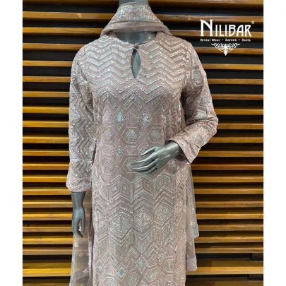 Baby Pink Georgette Long Shirt Paired With Palazzo & Dupatta