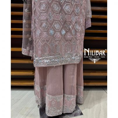 Baby Pink Georgette Long Shirt Paired With Palazzo & Dupatta