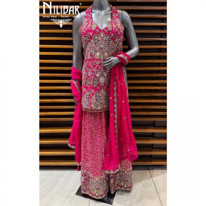Hot Pink Georgette Mid Length Shirt Paired With Loose Palazzo & Dupatta