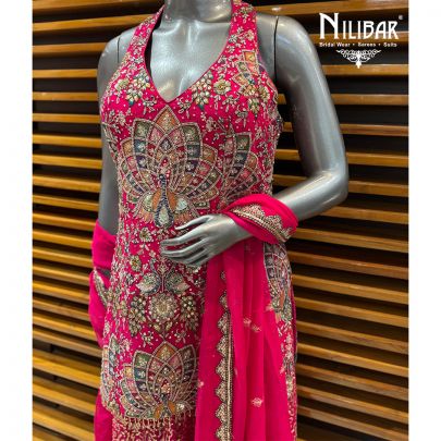 Hot Pink Georgette Mid Length Shirt Paired With Loose Palazzo & Dupatta
