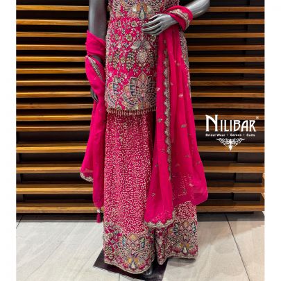 Hot Pink Georgette Mid Length Shirt Paired With Loose Palazzo & Dupatta