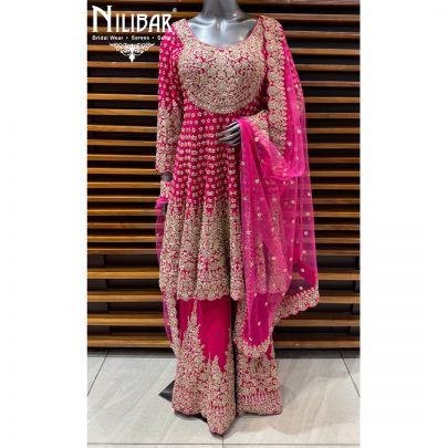 Hot Pink Georgette Short Anarkali Paired With Loose Palazzo