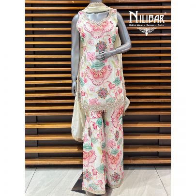 Off White Chinon Printed Garara Suit