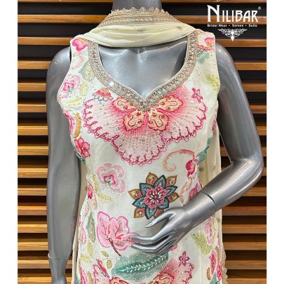 Off White Chinon Printed Garara Suit