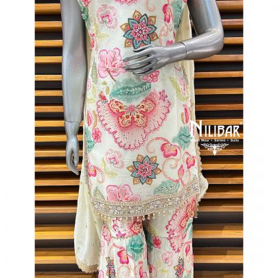 Off White Chinon Printed Garara Suit