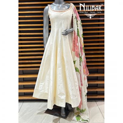 Cream White Silk Anarkali Suit With Pants