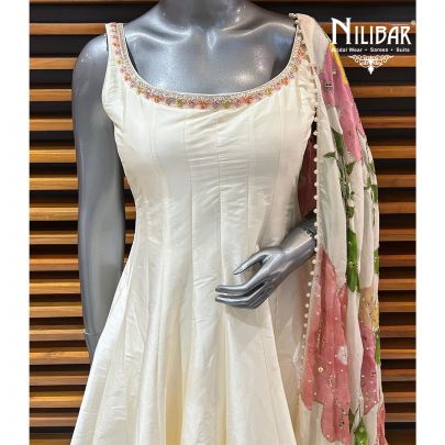 Cream White Silk Anarkali Suit With Pants